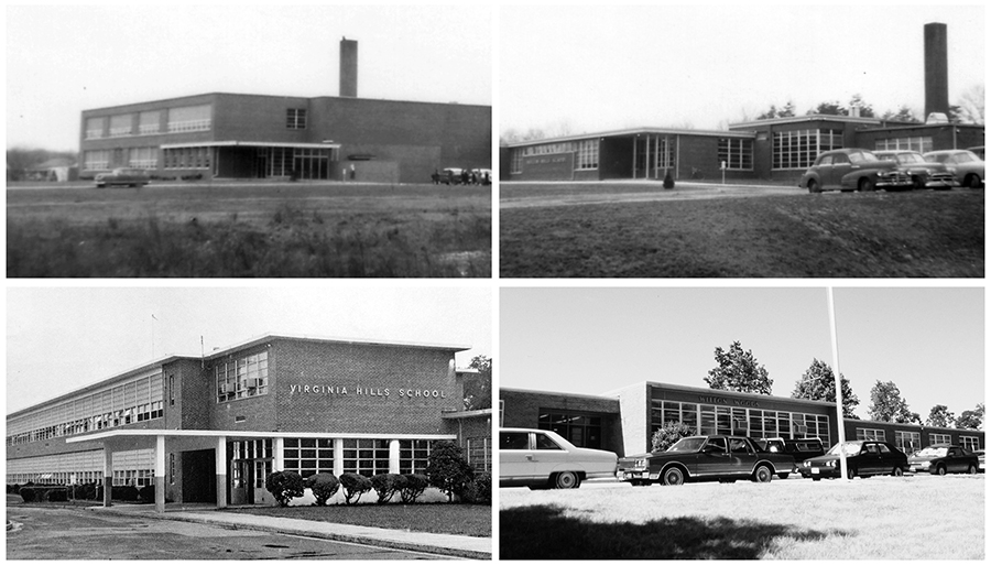 Black and white photographs of the four closed schools. Three of these schools were built in the 1950s and the fourth in the early 1960s. Hollin Hall and Virginia Hills are two-stories tall and the buildings look very similar in design. Hollin Hills and Wilton Woods are single story buildings, but Wilton Woods is a much smaller school by comparison. The front of each building, and its main entrance, are pictured in each photograph. 