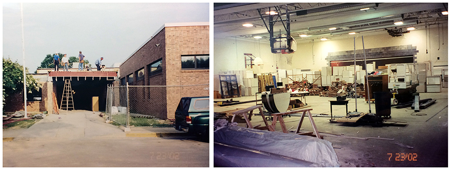 Composite image of two color photographs taken on July 23, 2002 showing the renovation to Fort Hunt Elementary School. On the left, construction workers are building an awning over the main entrance. On the right is a photograph of the interior of the gymnasium. It is being used as a staging area and is full of construction equipment and new furniture. 